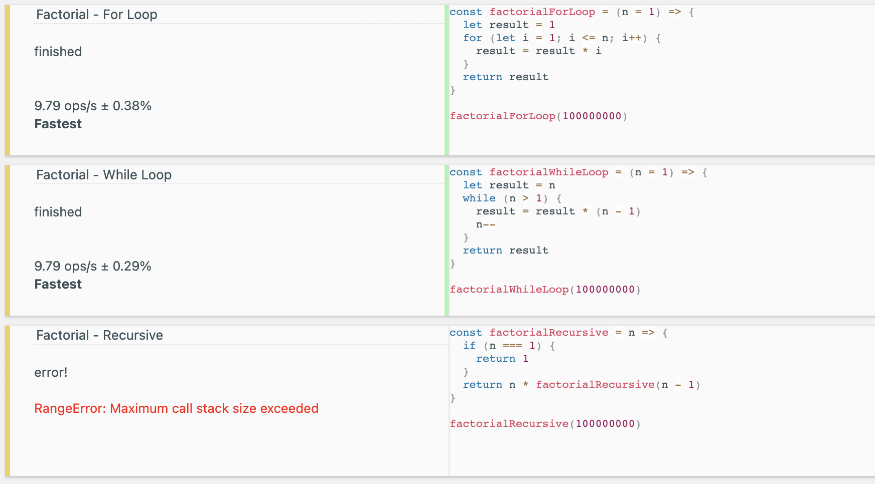 jsbench comparison of three implementations using big n numbers