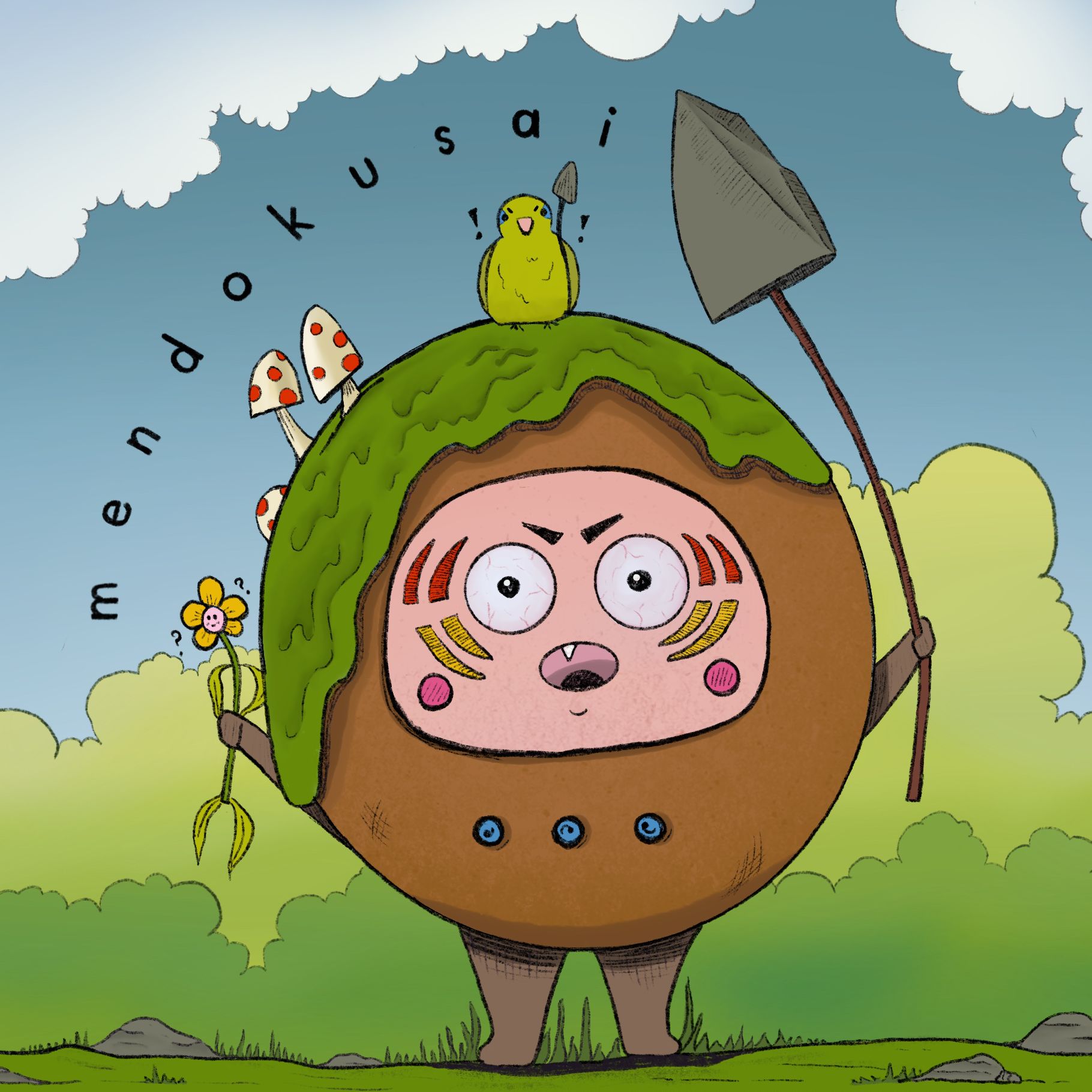 digital illustration of an angry coconut and a parrotlet