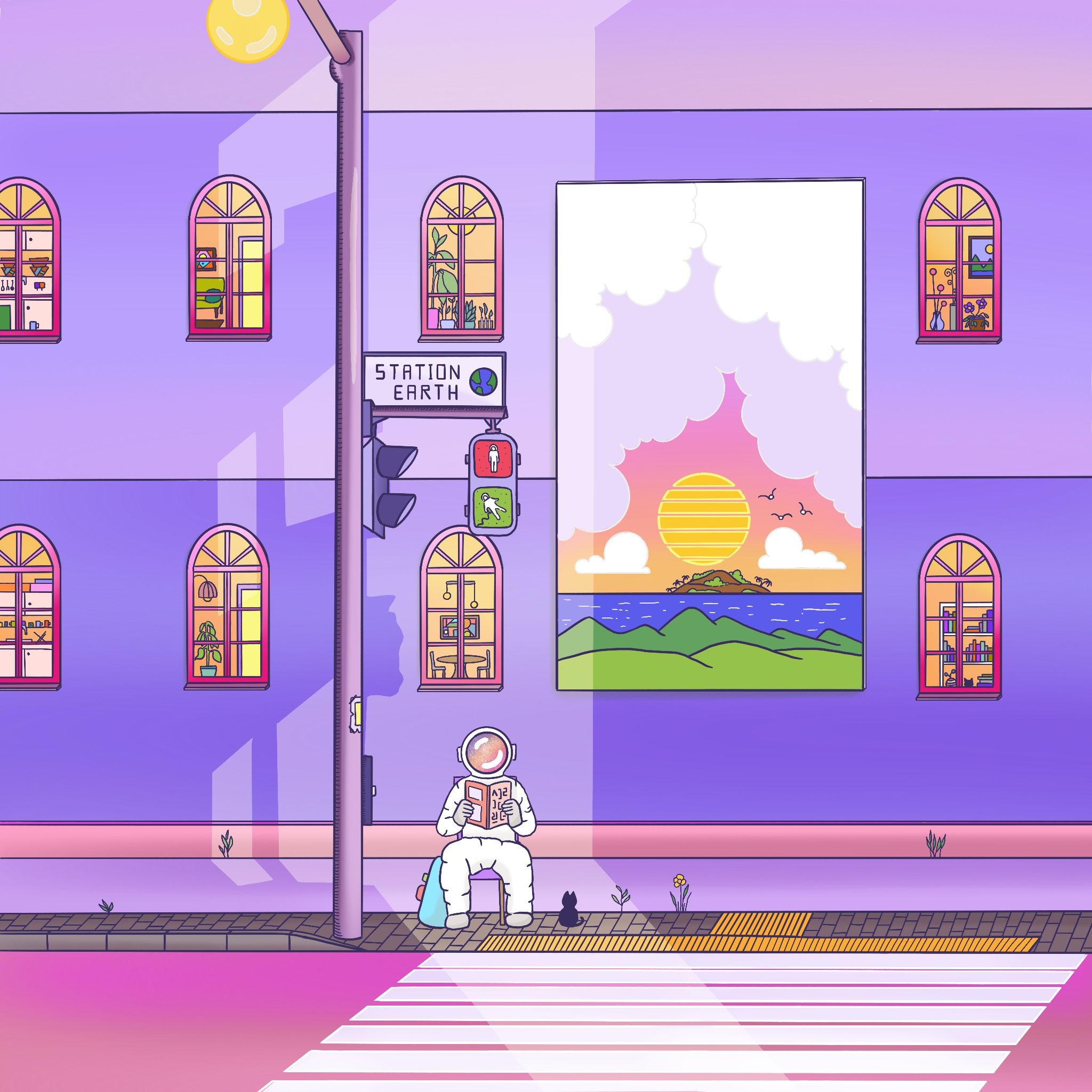 digital illustration of an astronaut reading a book under traffic lights