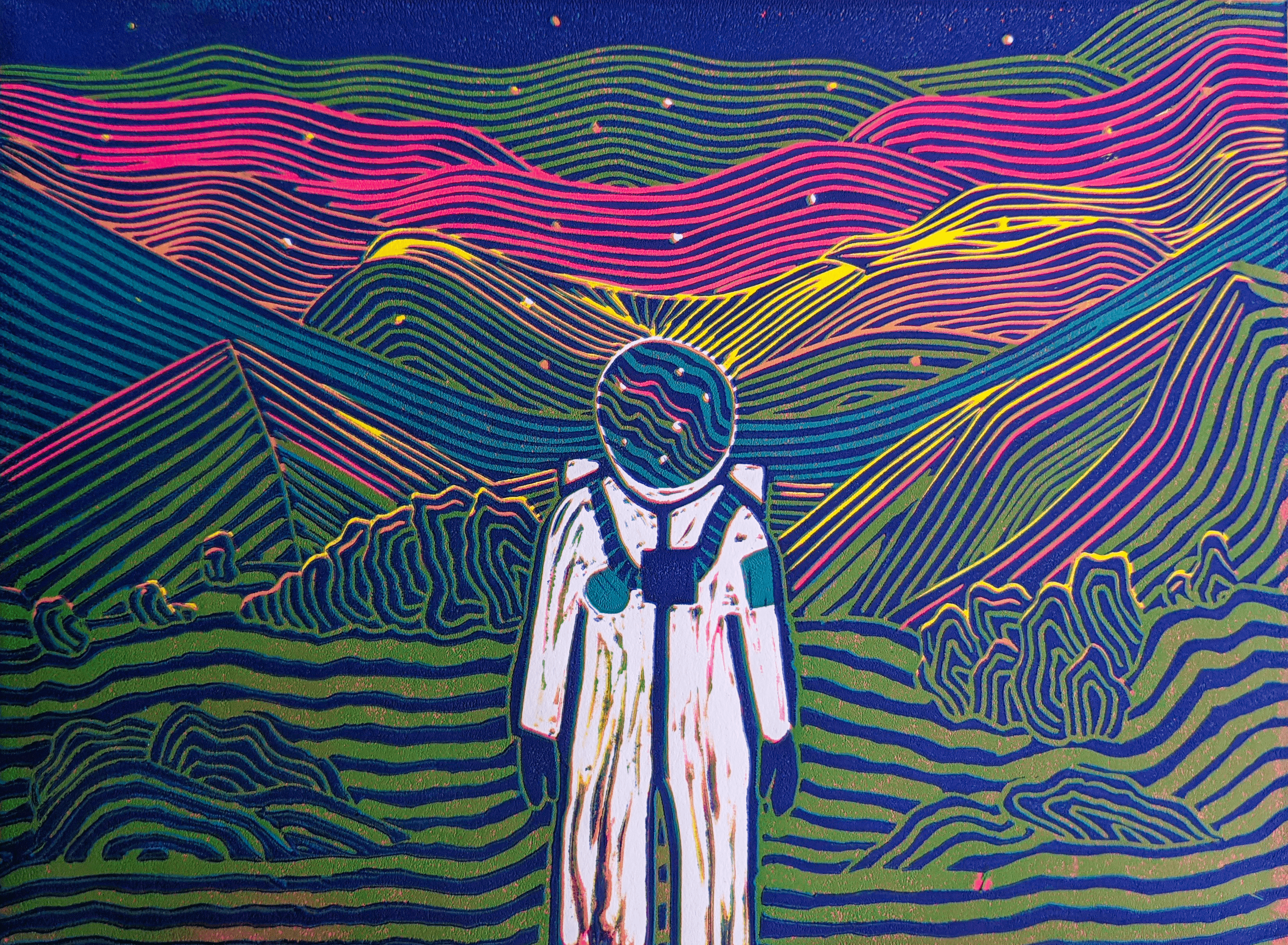 A linocut artwork of an astronaut on a planet