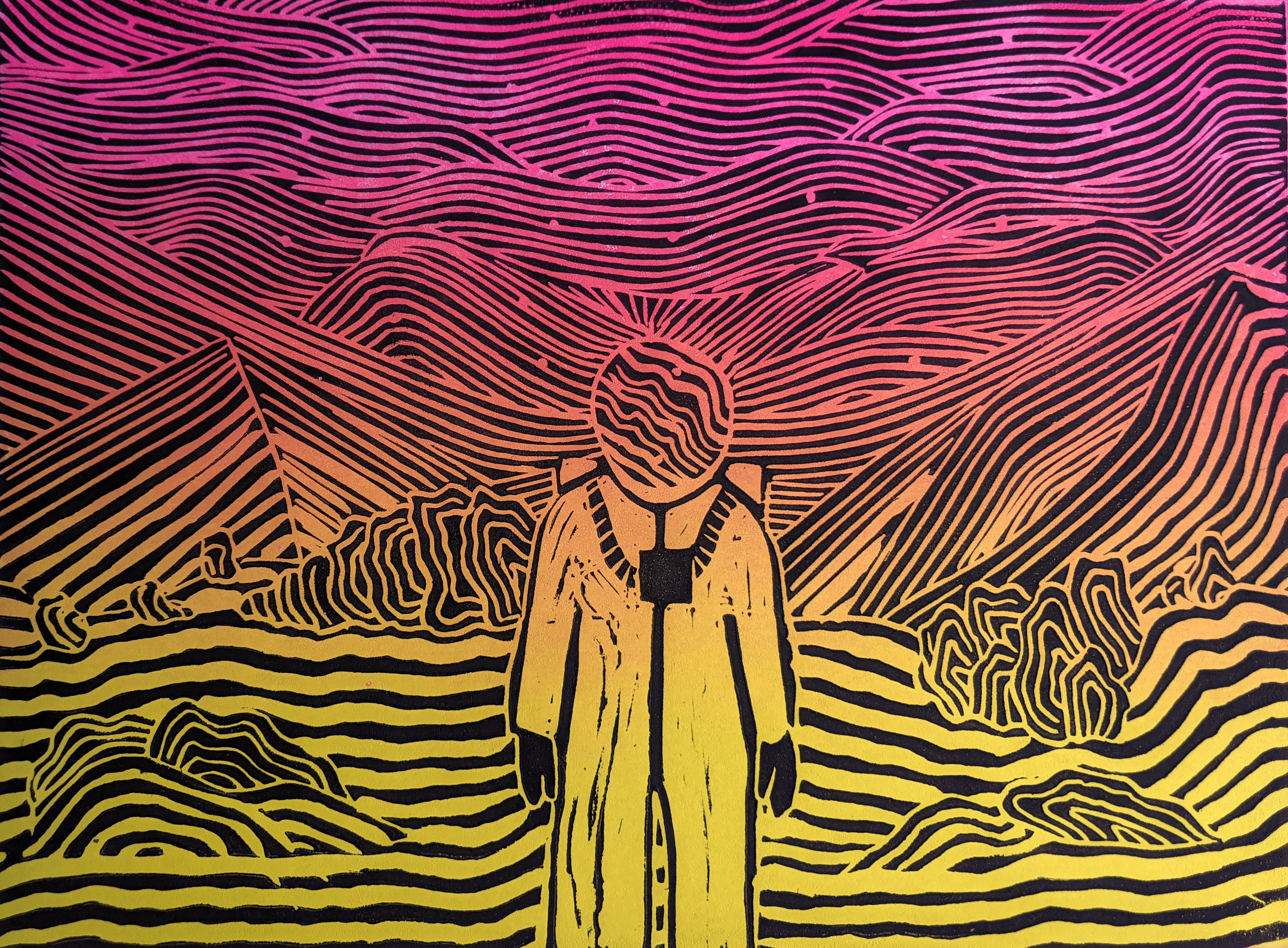 A linocut artwork of an astronaut on a planet