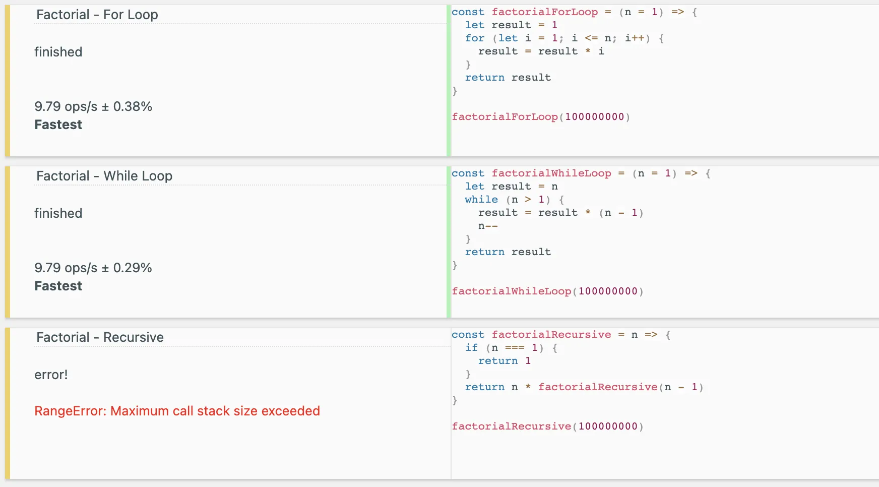 jsbench comparison of three implementations using big n numbers