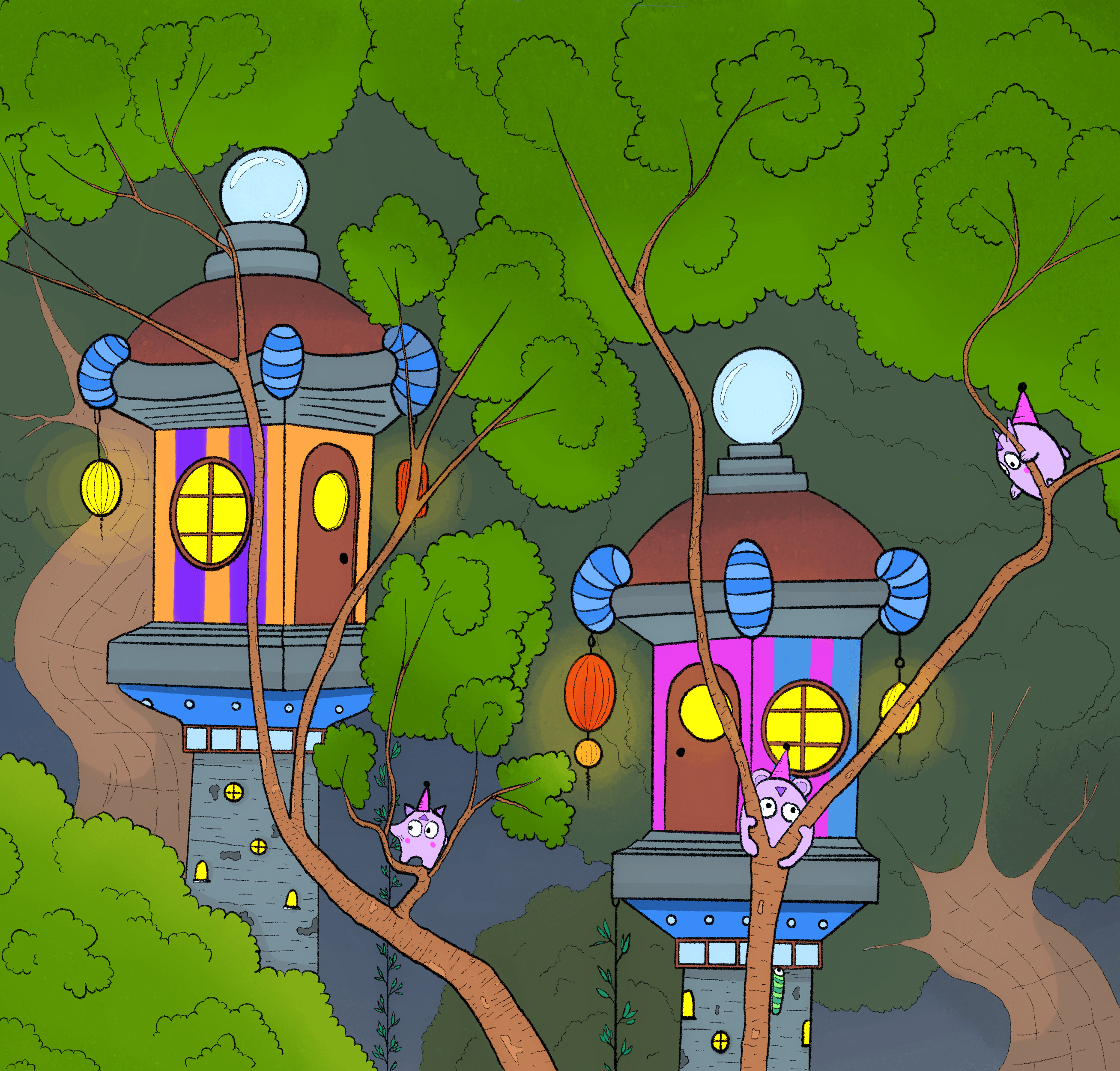 digital illustration of creatures hanging around Japanese lanterns
