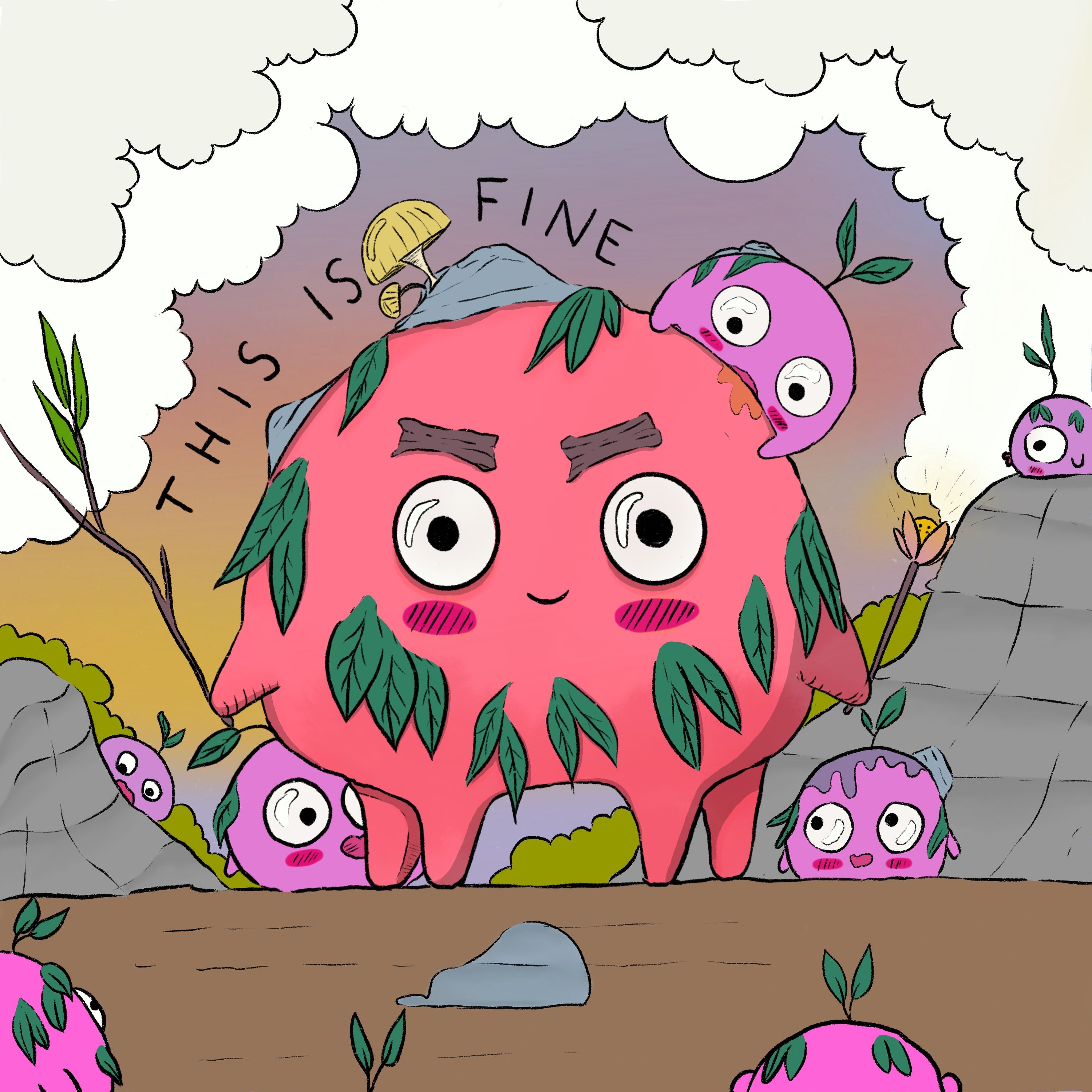 digital illustration of a character surrounded by little versions of himself.