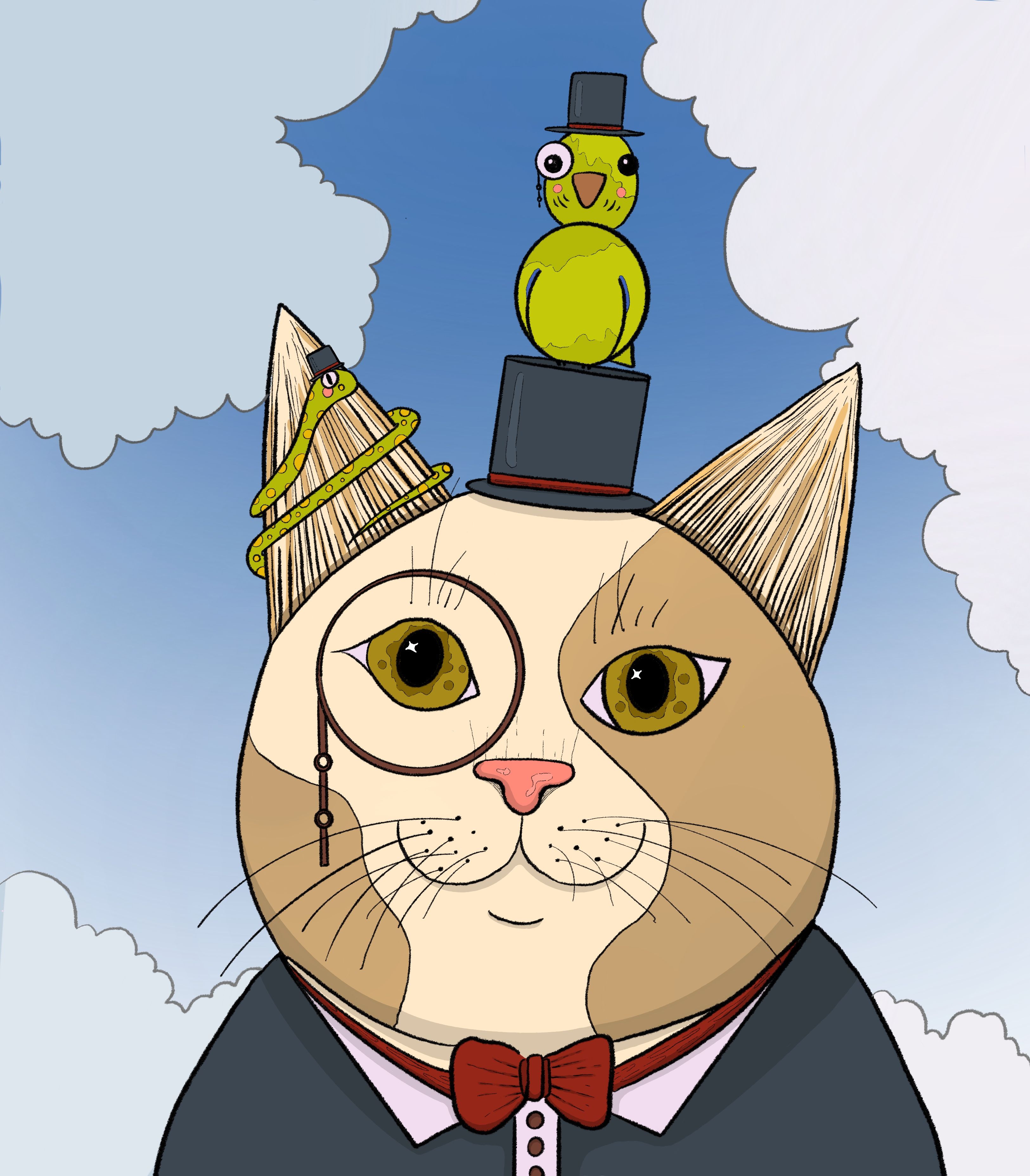 digital illustration of a portrait of a cat with his best friends