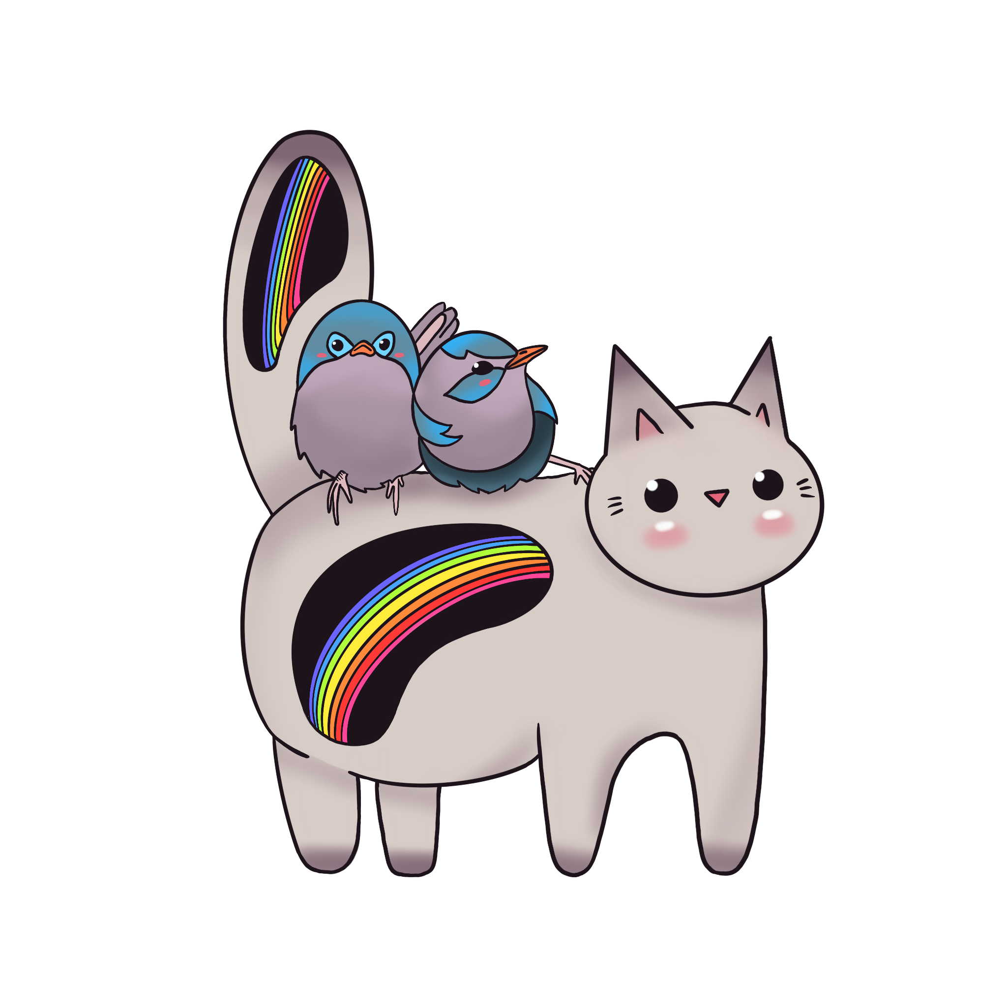digital illustration of a cat and two birds