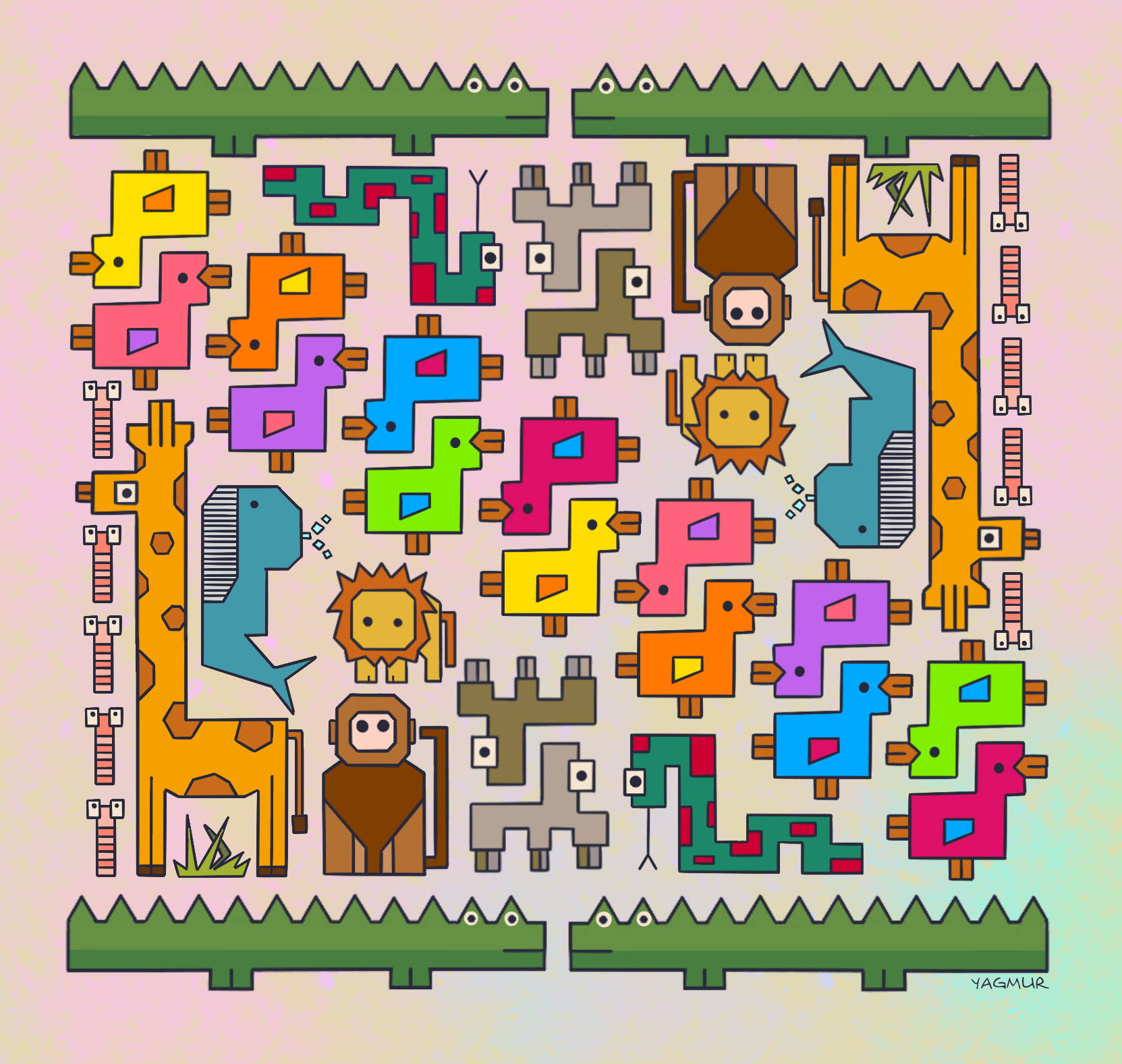 digital illustration of kinda symmetrical layout of various animal illustrations