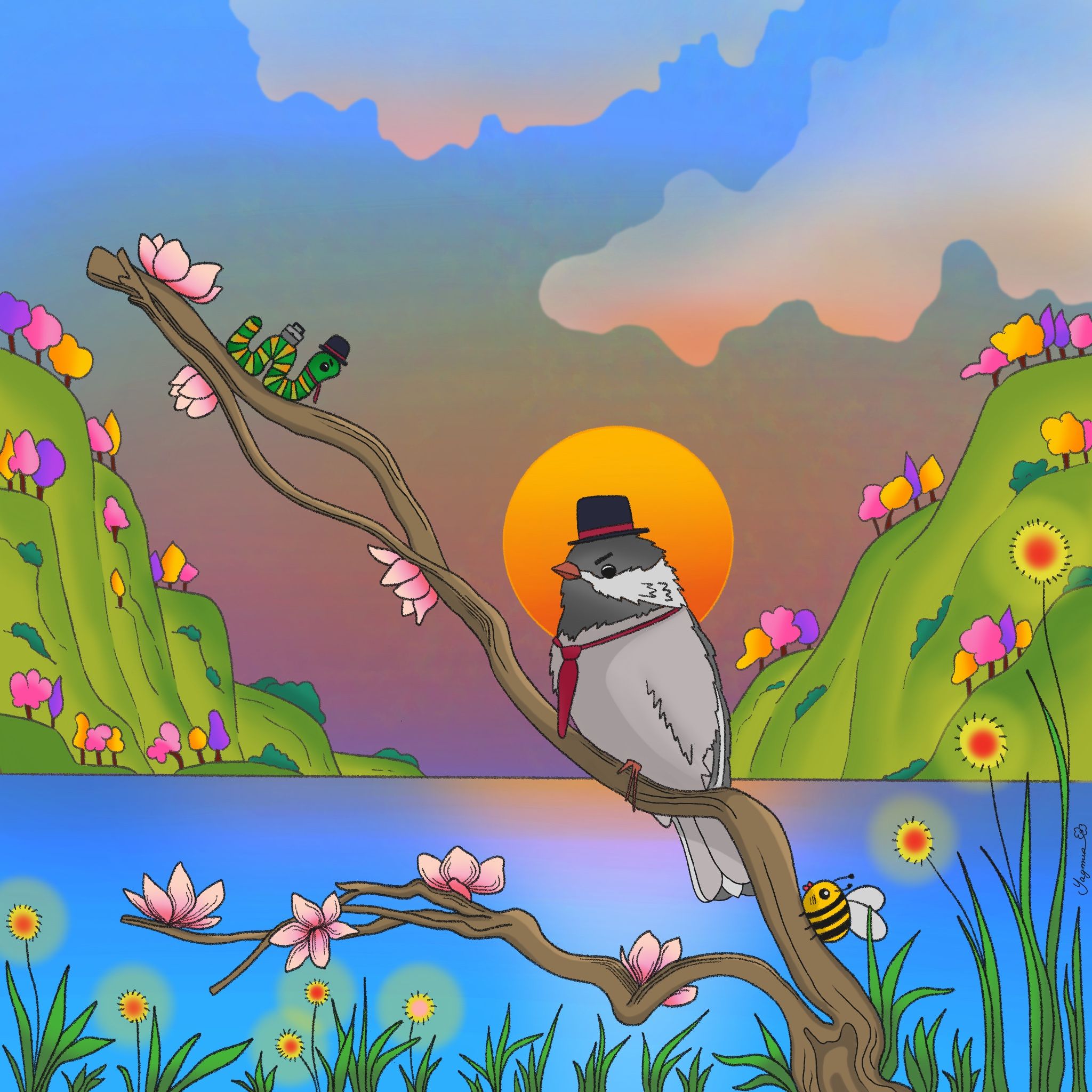 digital illustration of a caterpillar, a sparrow and a bee on a branch, looking rather serious