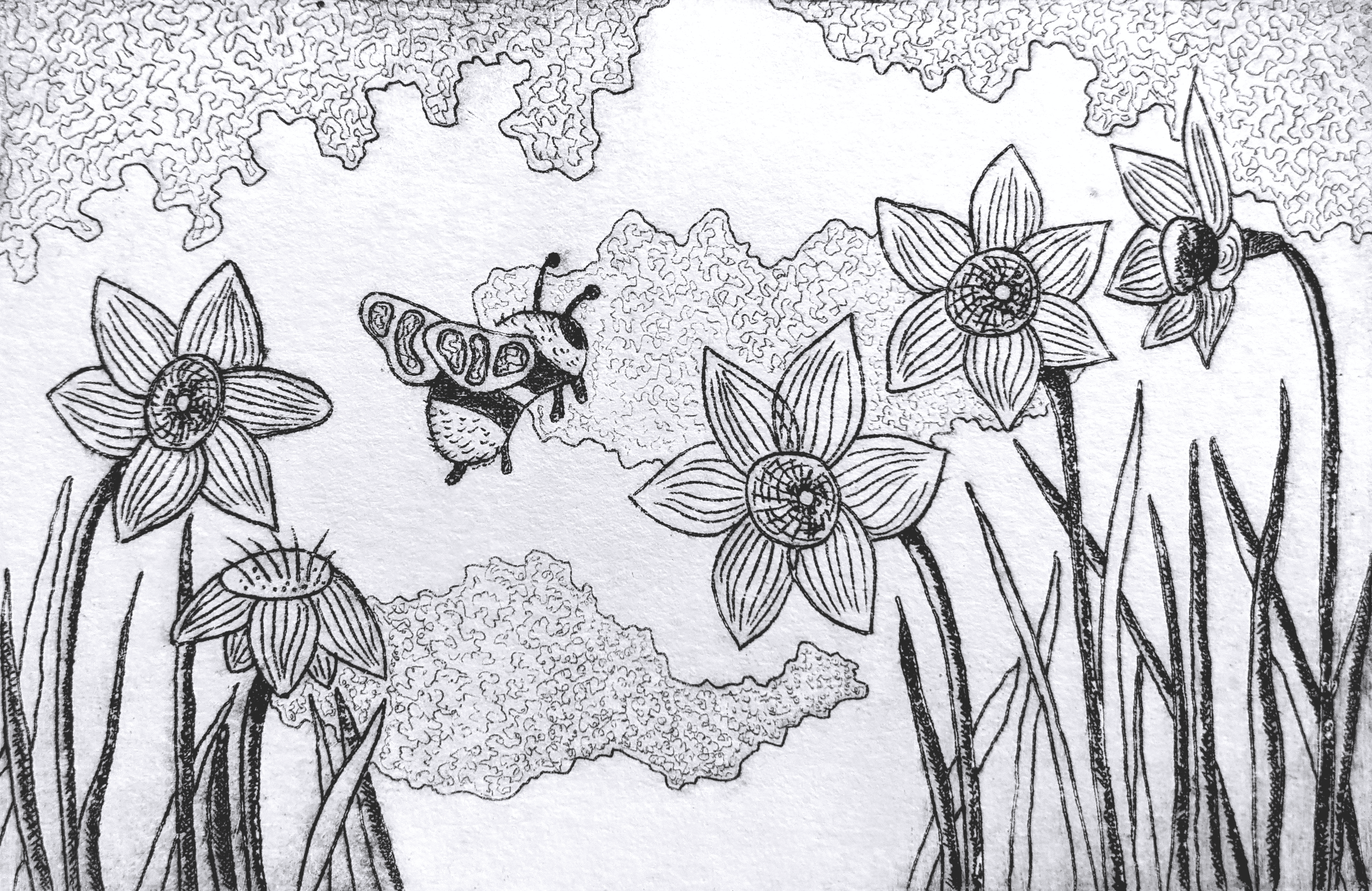 An intaglio print of a bumblebee flying around flowers