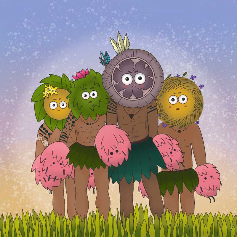 digital illustration of a surprised tribal people with pink monsters