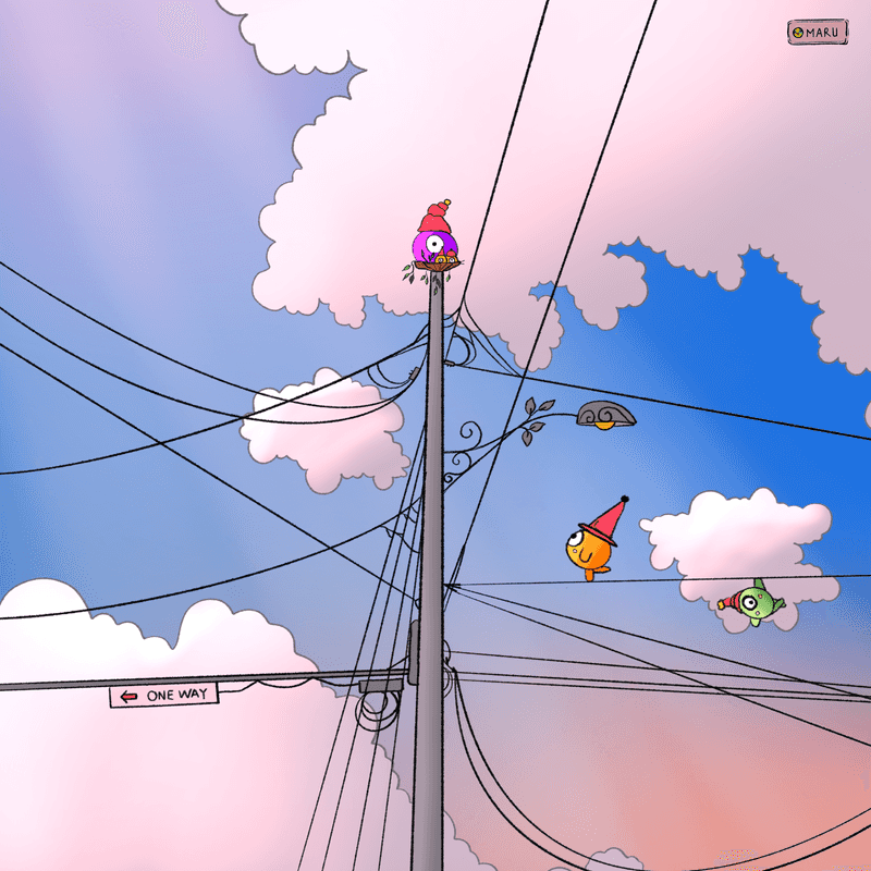 digital illustration of power lines with weird colorful creatures