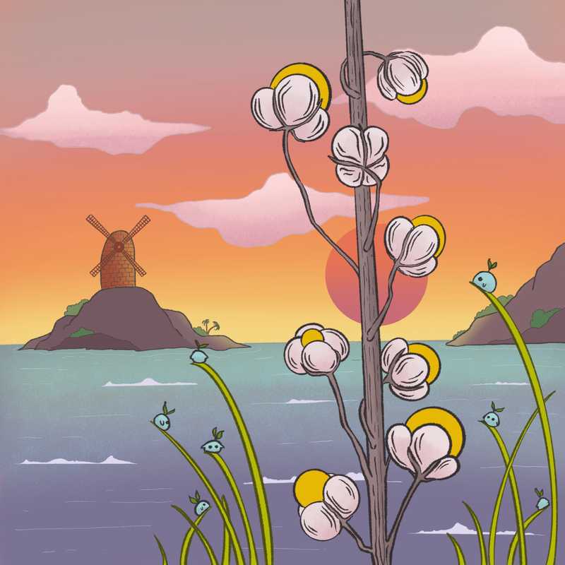digital illustration of a cottonflower and little monsters that inhabit the island it's in