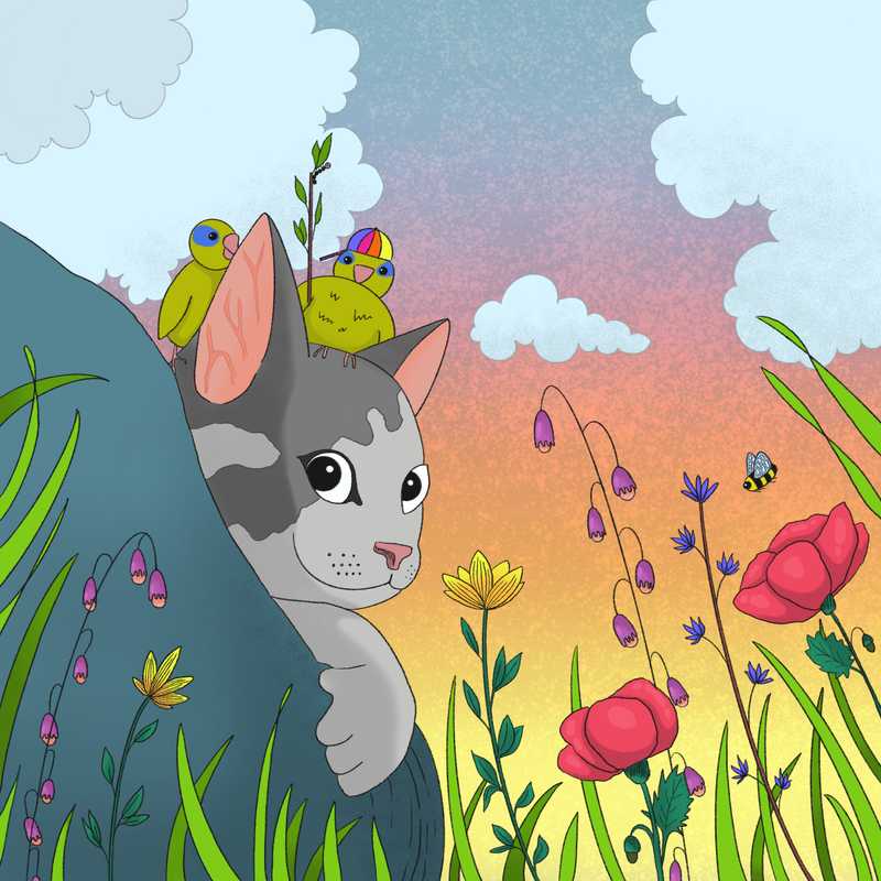 digital illustration of a cat in a flower field, looking over a human's shoulder